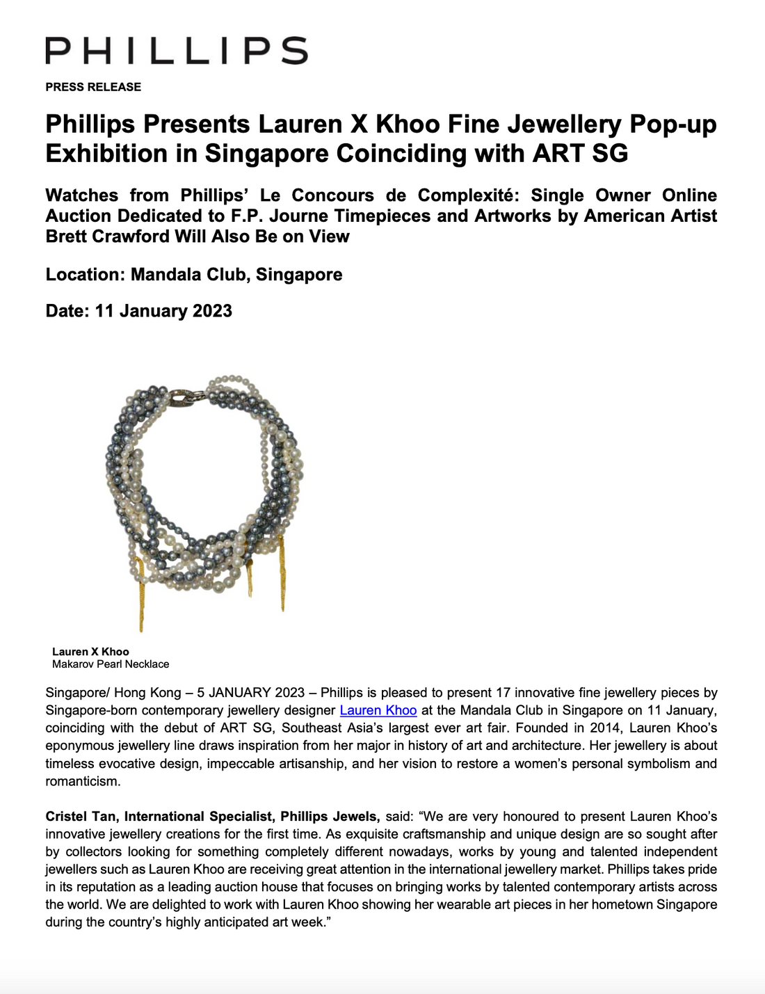 Phillips Presents Lauren X Khoo Fine Jewellery Pop-up Exhibition in Singapore Coinciding with ART SG